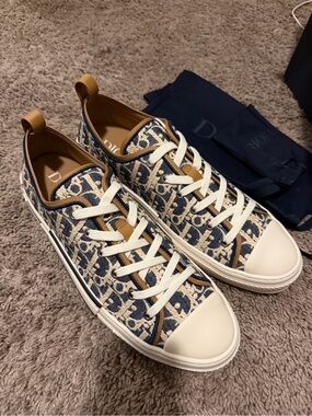 Dior Men’s Navy & Beige Oblique Canvas Low-Top Sneakers with Tan Trim